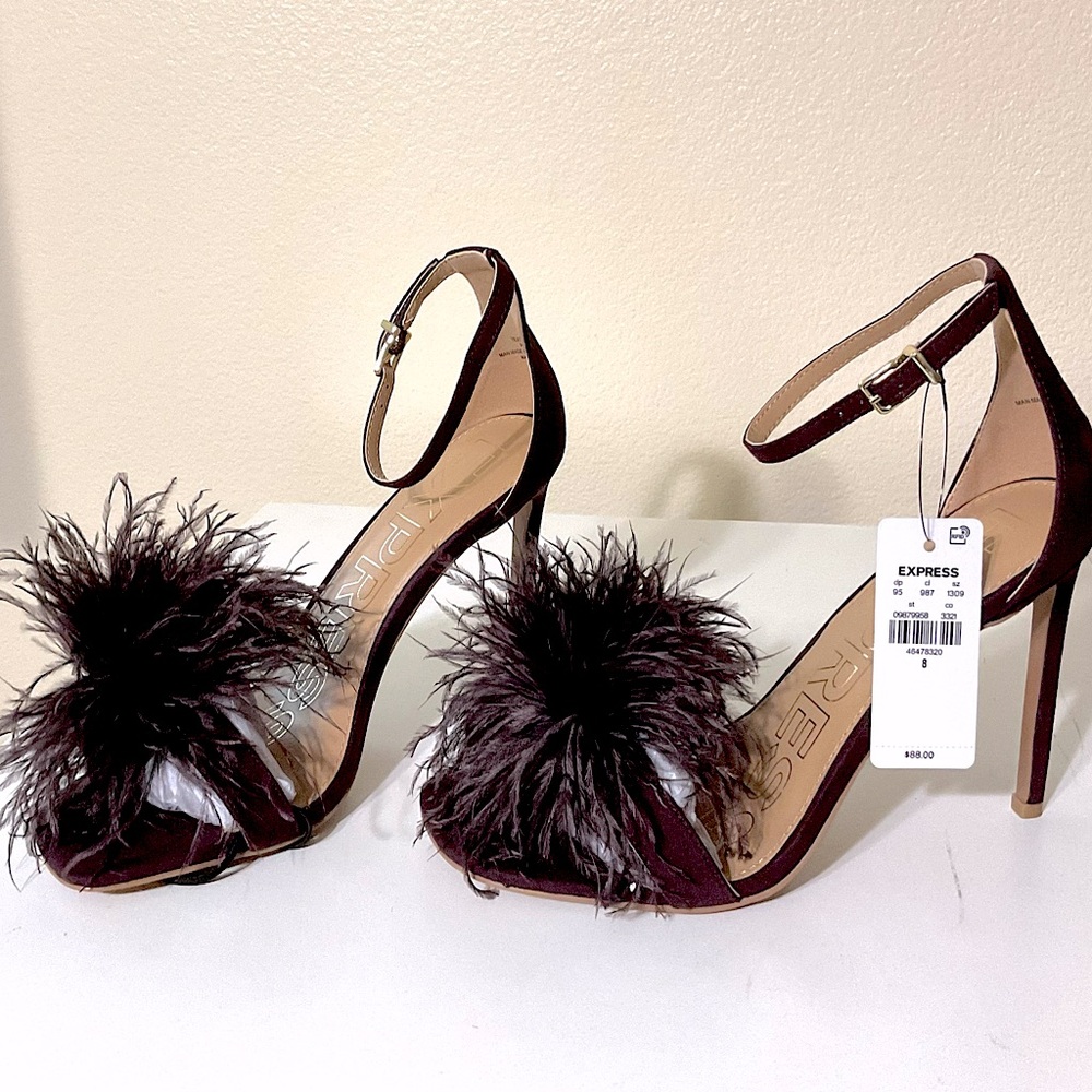 Express Feather Heeled Sandals Wine 8 - Picture 5 of 8
